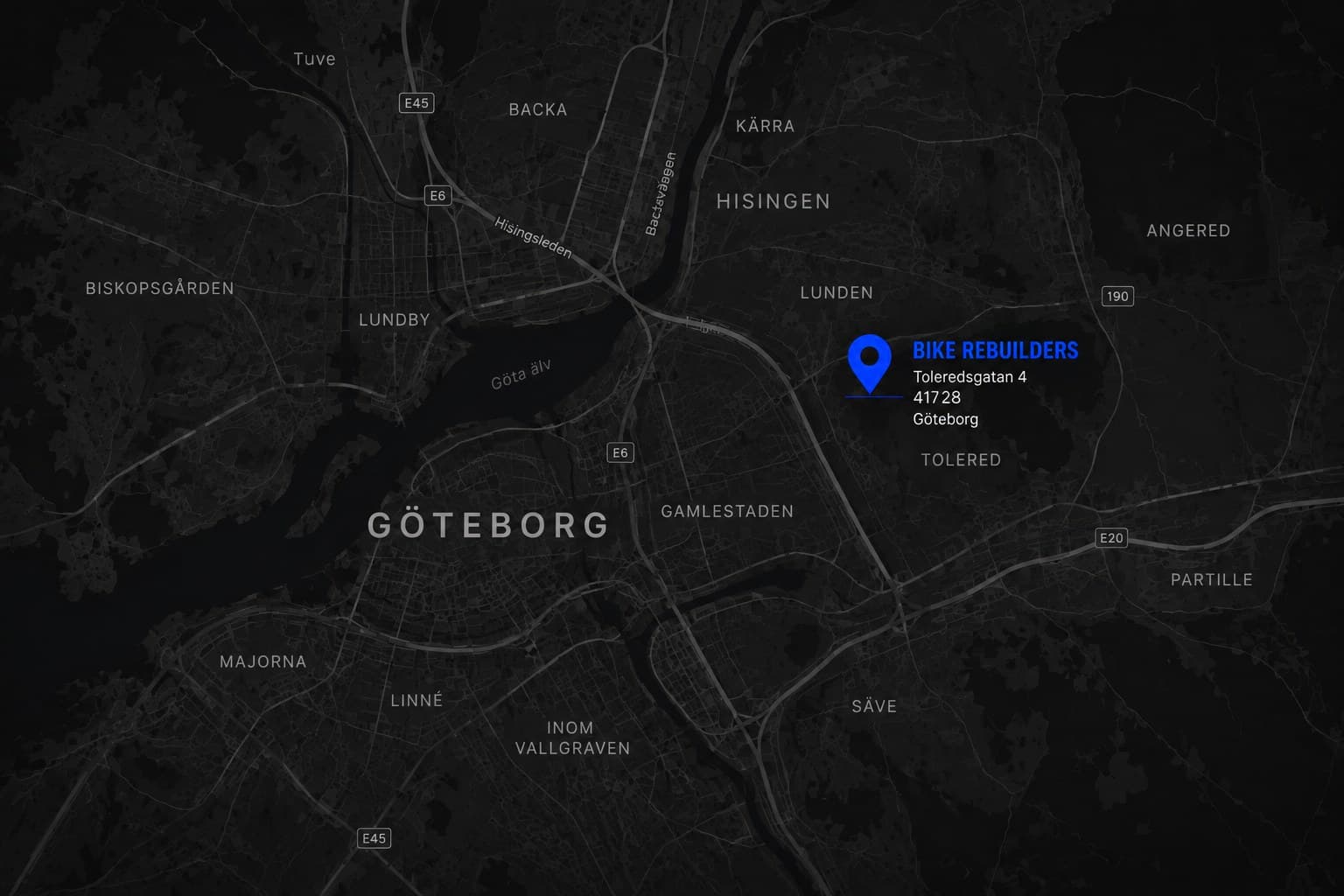 Karta över Bike Rebuilders läge på Toleredsgatan 4 i Göteborg